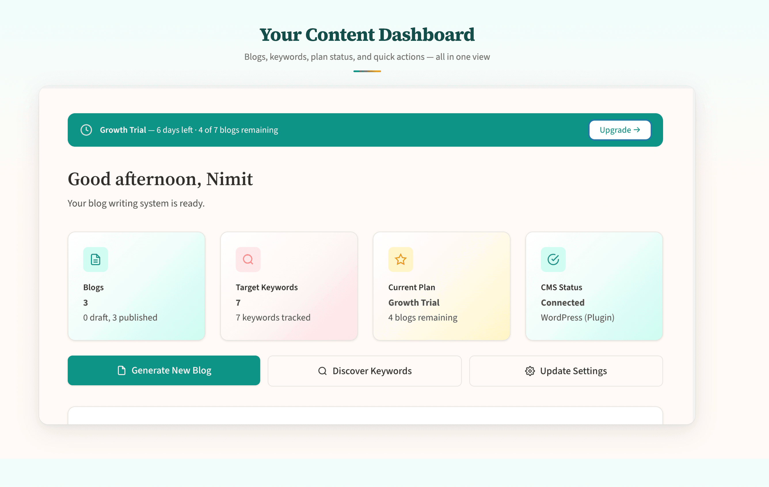 One Blog a Day dashboard inside the WordPress admin — blog stats, autopilot status, and recent posts